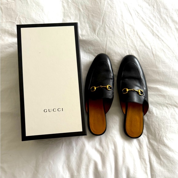 Gucci Shoes - Gucci Black Leather Horsebit Mules with Gold Hardware